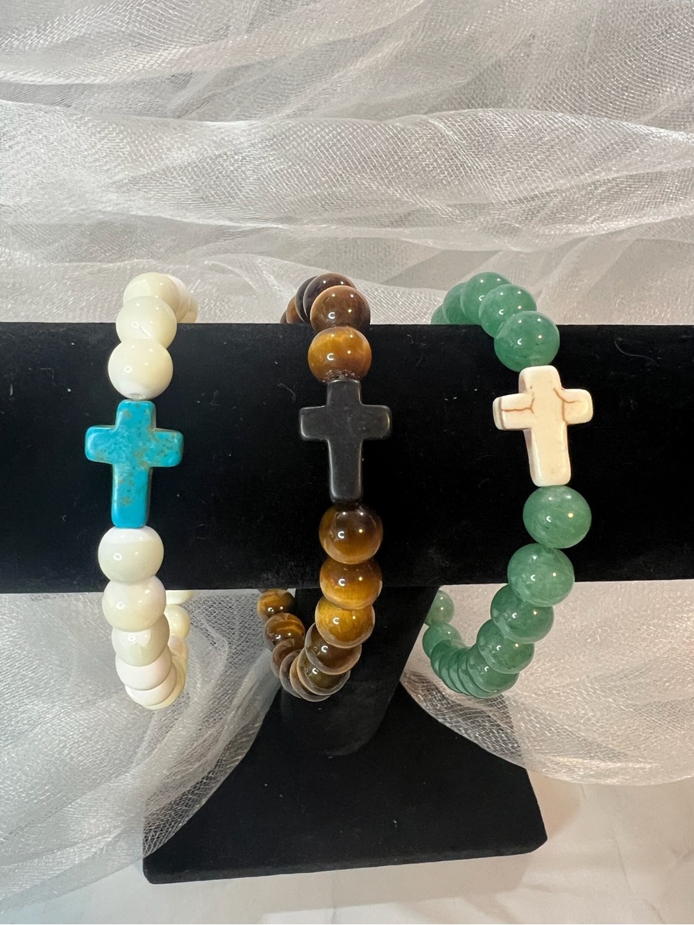 Set of 3 Artisan Men's Beaded Stretch Bracelet 8mm Genuine Gemstones (FL1092)